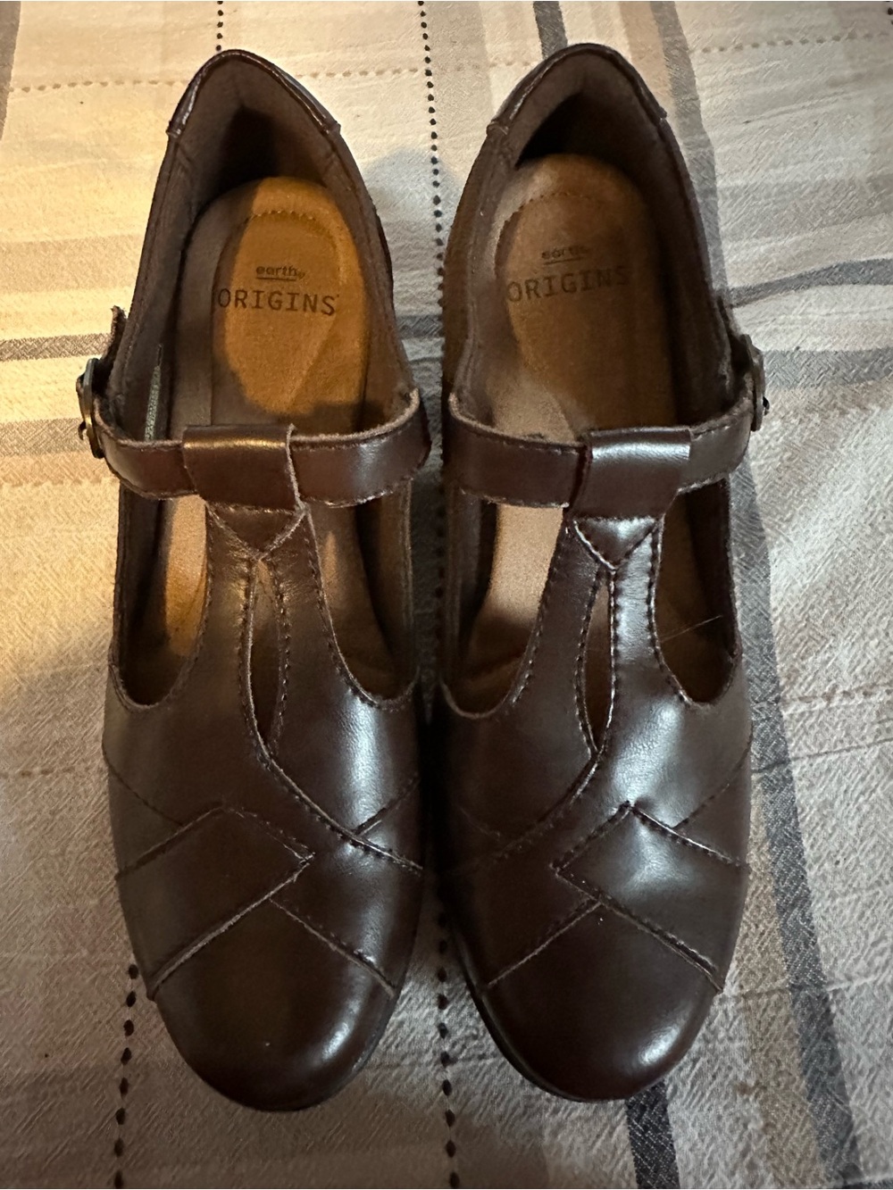 Earth Origins Brown Leather T-Strap Flats with Decorative Stitching